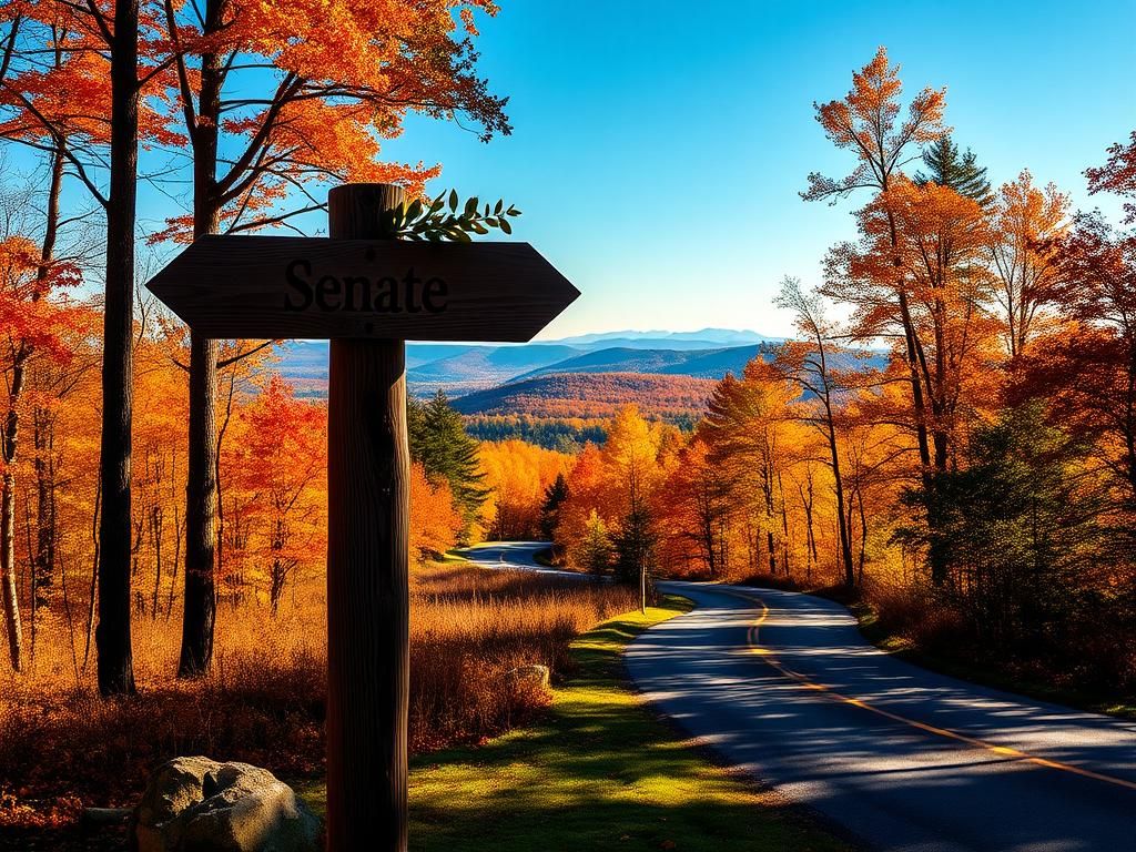 Flick International Serene view of New Hampshire's fall foliage with a rustic Senate signpost