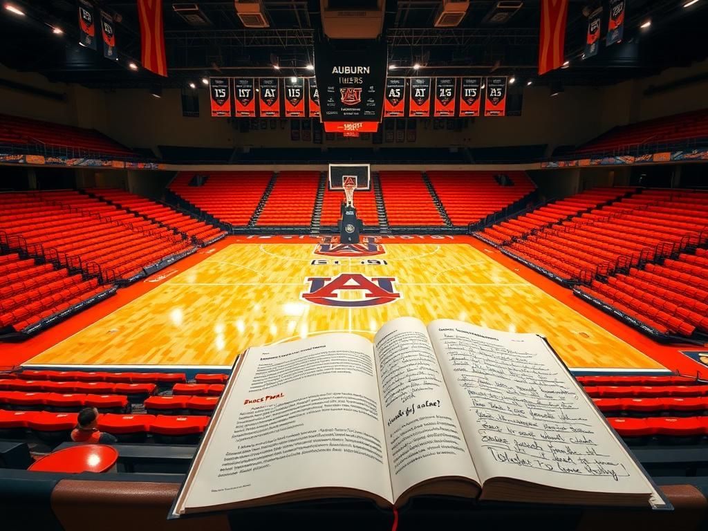Flick International Auburn basketball court featuring the Auburn Tigers logo with empty bleachers and banners in the background