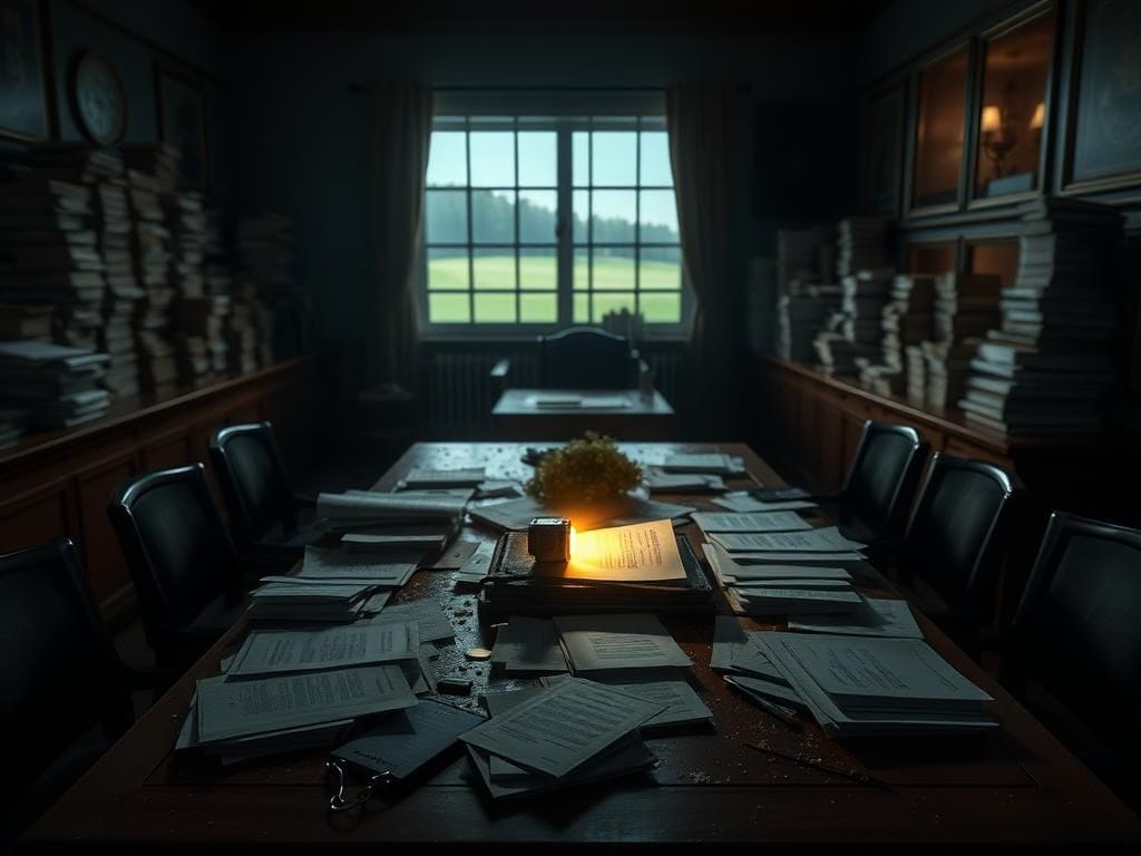 Flick International Dimly lit courtroom scene with a wooden defense table cluttered with legal documents and a flashlight