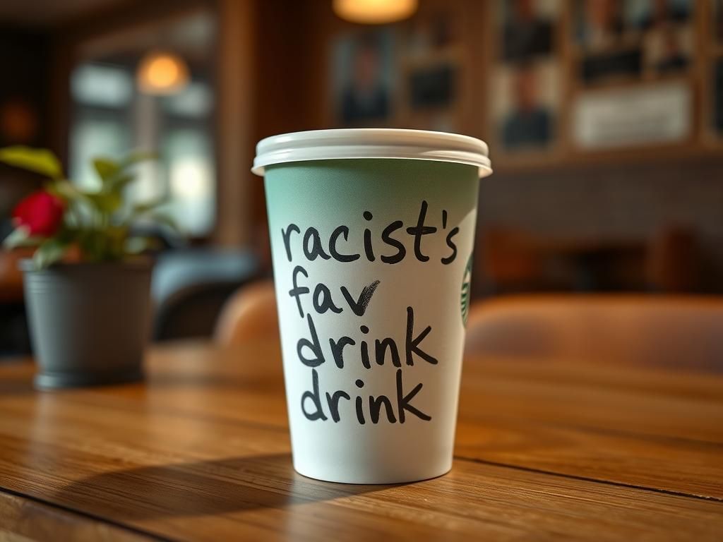 Flick International Close-up of a Starbucks cup with disturbing message 'racist's fav drink' written on it