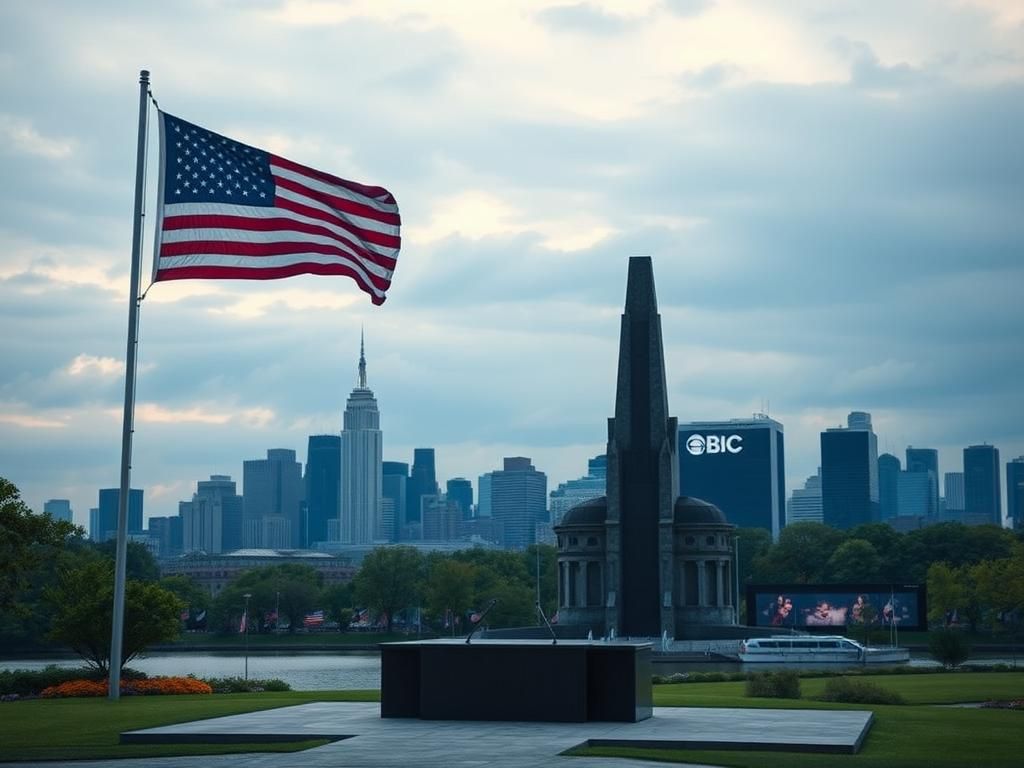 Flick International Empty podium at Franklin D. Roosevelt’s Four Freedoms State Park with NYC skyline