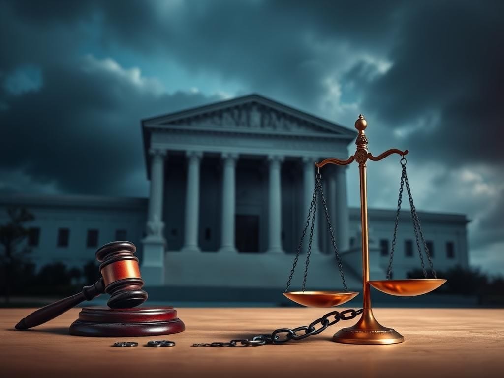 Flick International A dramatic scene featuring the Supreme Court building with abstract legal symbols