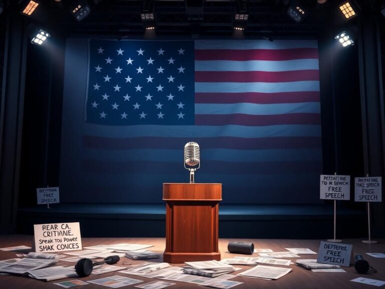 Flick International Empty television studio set with oversized microphone symbolizing lost voices