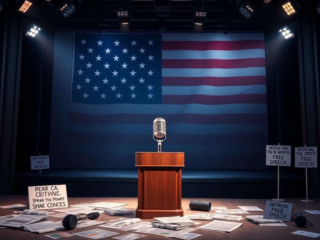 Flick International Empty television studio set with oversized microphone symbolizing lost voices