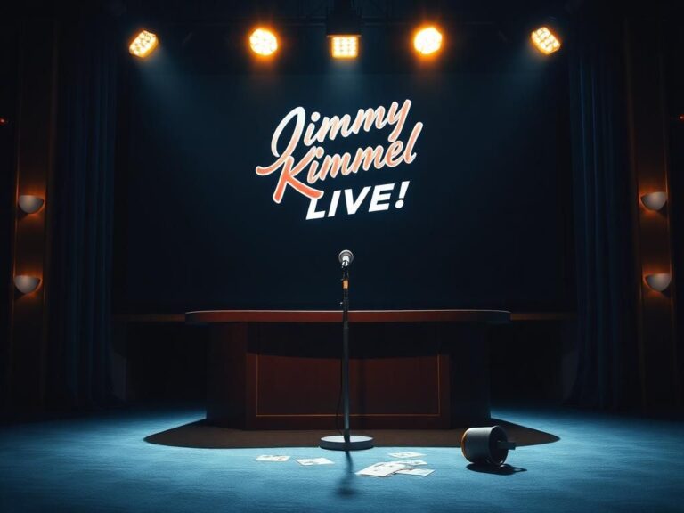 Flick International Dimly lit television studio set of 'Jimmy Kimmel Live!' with a microphone on the desk