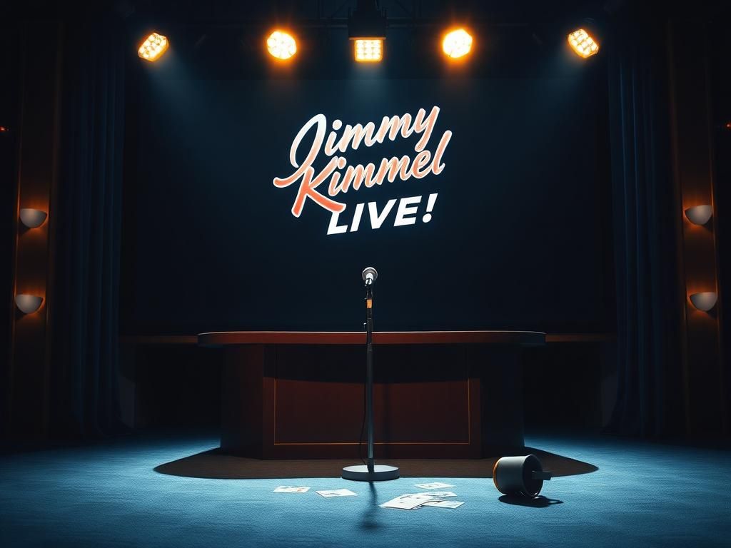 Flick International Dimly lit television studio set of 'Jimmy Kimmel Live!' with a microphone on the desk