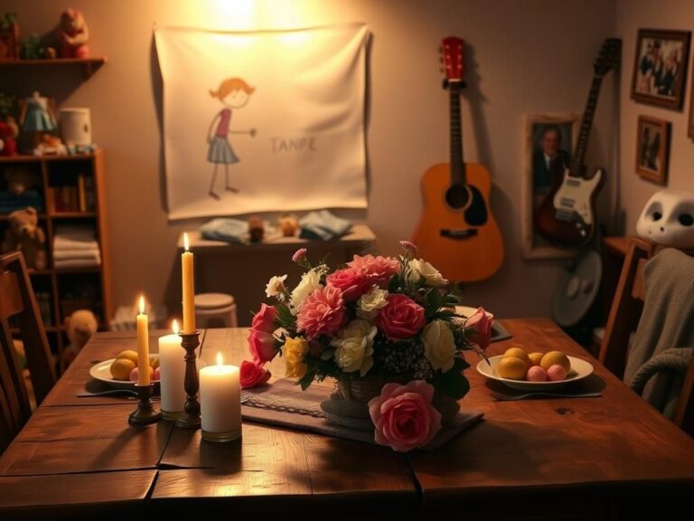 Flick International Cozy family setting featuring a rustic dining table with candles and flowers
