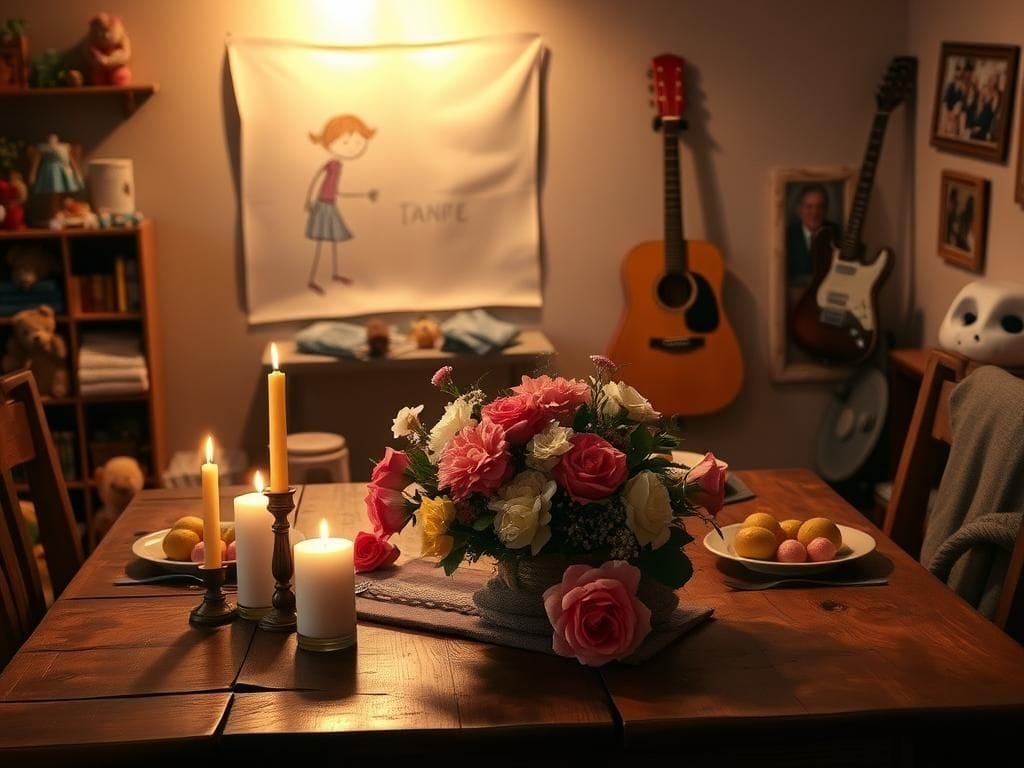 Flick International Cozy family setting featuring a rustic dining table with candles and flowers
