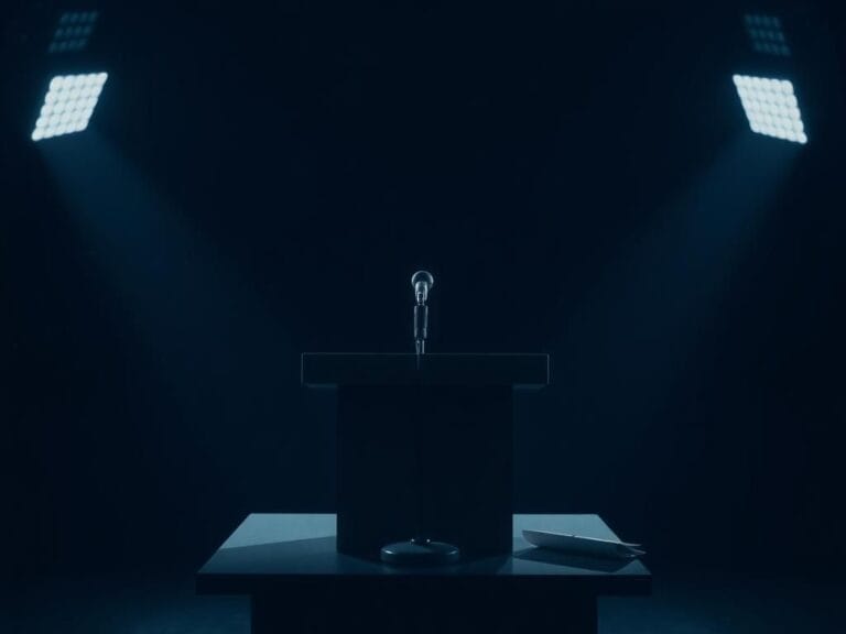 Flick International Empty podium with a microphone symbolizing unanswered questions about Trump’s health