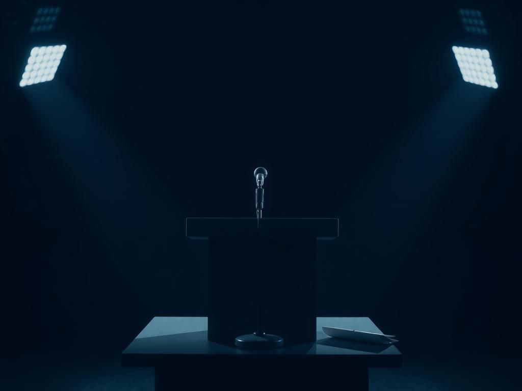 Flick International Empty podium with a microphone symbolizing unanswered questions about Trump’s health