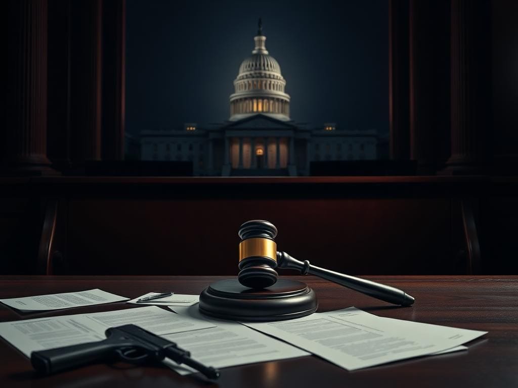 Flick International Dimly lit courtroom scene with a gavel, legal documents, and a silhouette of a firearm
