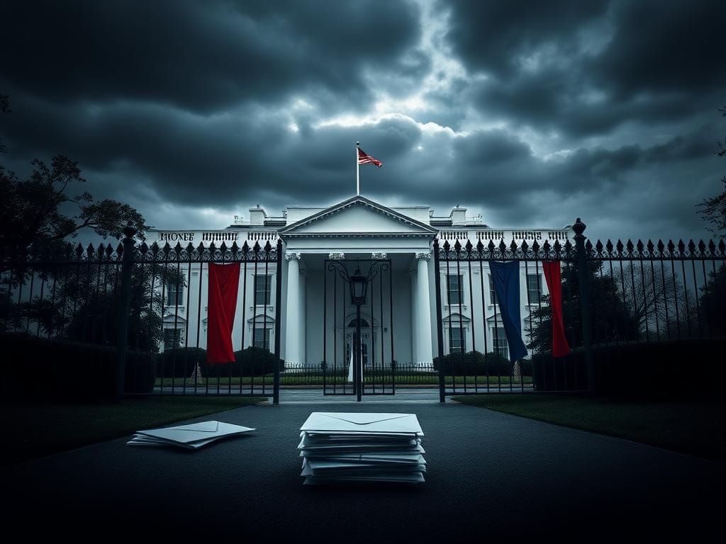 Flick International Iconic view of the White House under a dramatic sky symbolizing political tension