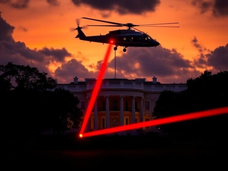 Flick International Marine One helicopter flying over the White House with a red laser beam directed towards it