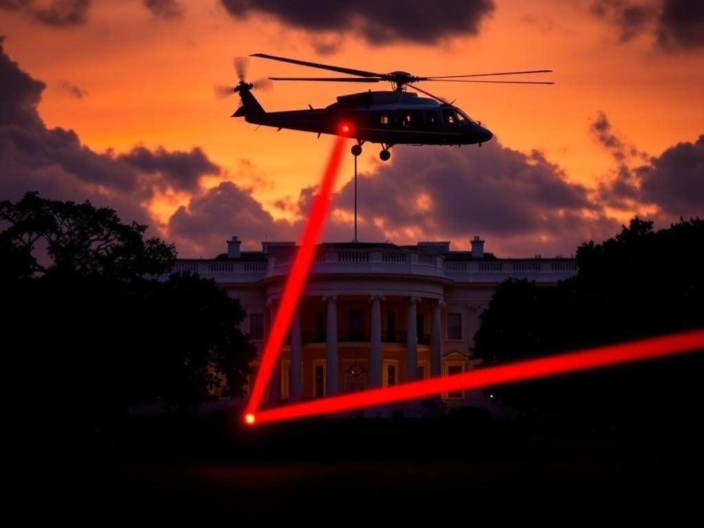 Flick International Marine One helicopter flying over the White House with a red laser beam directed towards it