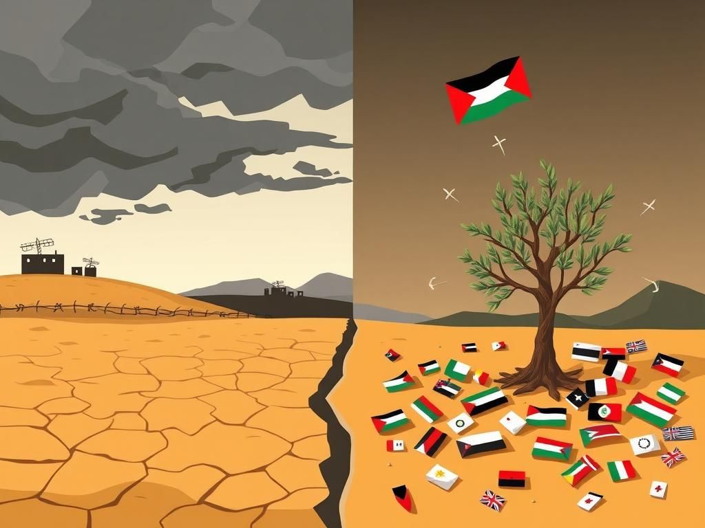 Flick International A stylized illustration depicting a divided landscape representing the Israel-Palestine conflict, featuring a barren area and a symbolic olive tree.