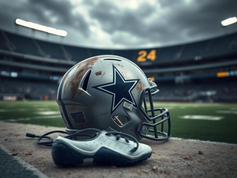 Flick International Dallas Cowboys helmet on sidelines, symbolizing team resilience amidst player injury