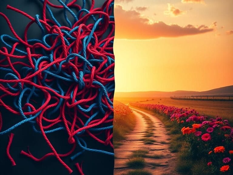 Flick International A split image showing a chaotic red and blue landscape on one side and a serene flower-lined path on the other, symbolizing political conflict and the potential for dialogue.