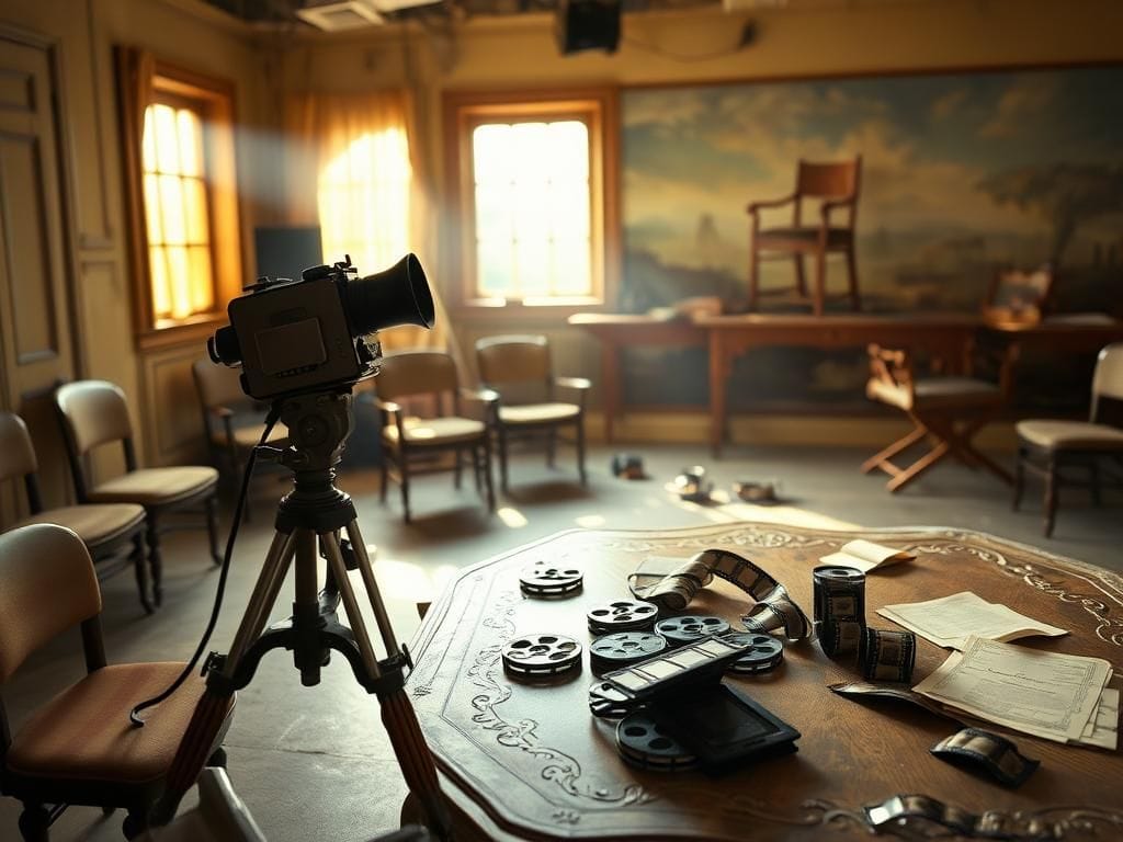 Flick International Serene vintage film set with empty chairs and an antique camera