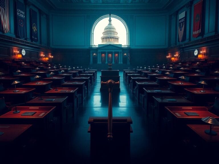 Flick International A symbolic depiction of the U.S. House of Representatives chamber with empty desks and a large gavel.