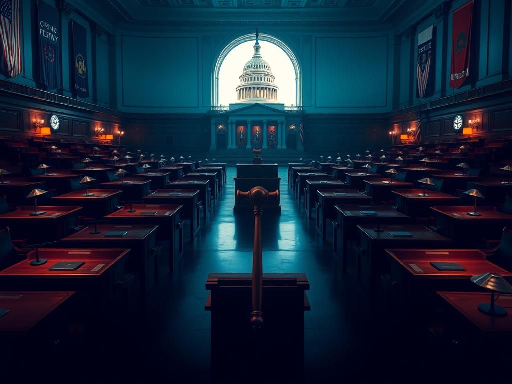 Flick International A symbolic depiction of the U.S. House of Representatives chamber with empty desks and a large gavel.