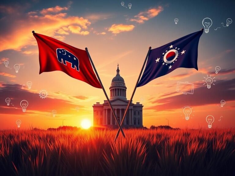 Flick International Sunset over iconic Ohio landscape with Republican and state flags