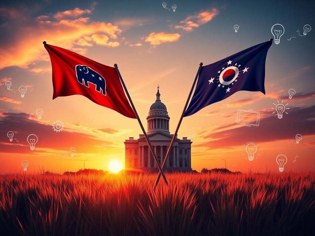 Flick International Sunset over iconic Ohio landscape with Republican and state flags