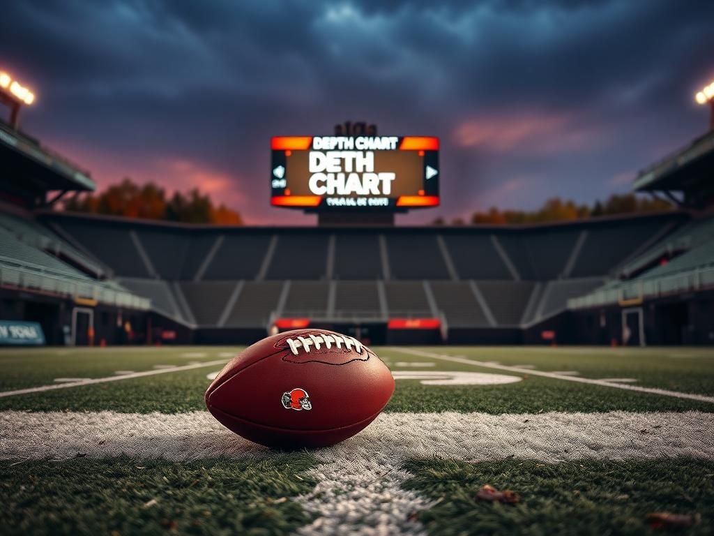 Flick International A Cleveland Browns football field at twilight with a football on the yard line and empty bleachers