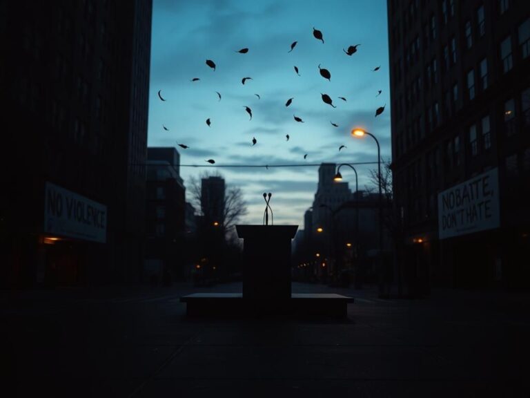Flick International Dimly lit urban street scene with an abandoned debate stage and microphone at twilight