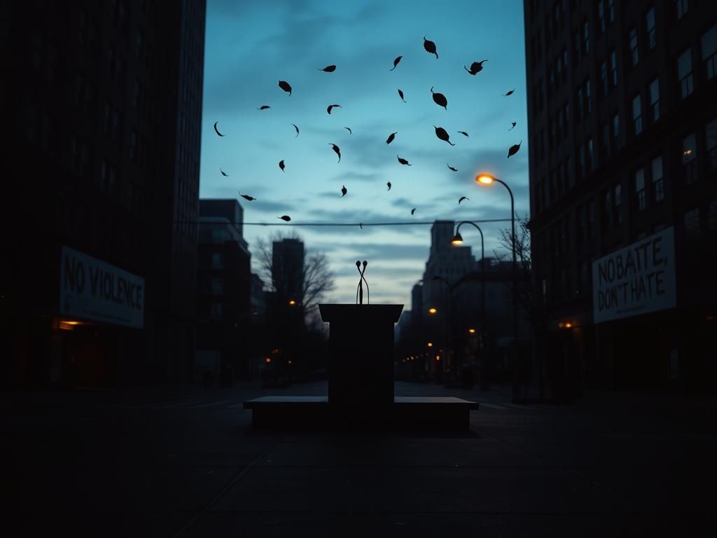 Flick International Dimly lit urban street scene with an abandoned debate stage and microphone at twilight