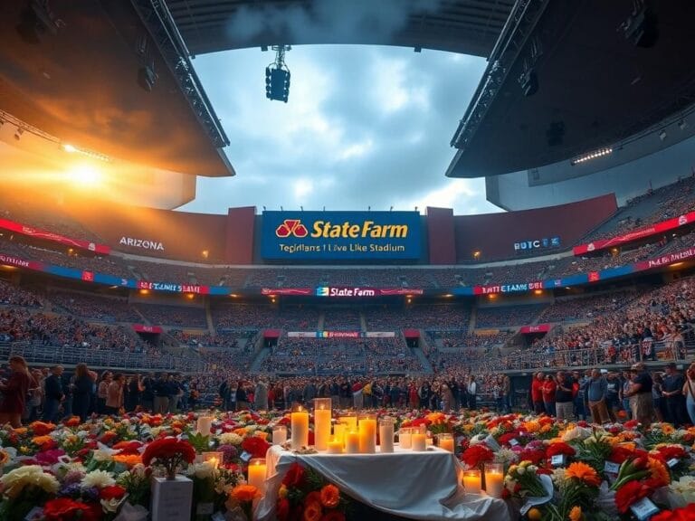 Flick International A memorial service scene at Arizona's State Farm Stadium featuring an altar surrounded by candles and flowers