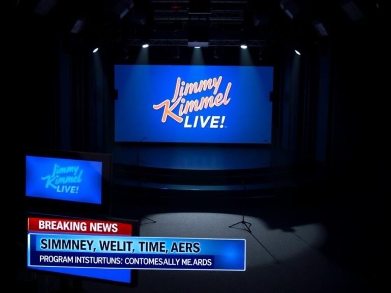 Flick International Dimly lit television studio with empty stage and 'Jimmy Kimmel Live!' logo