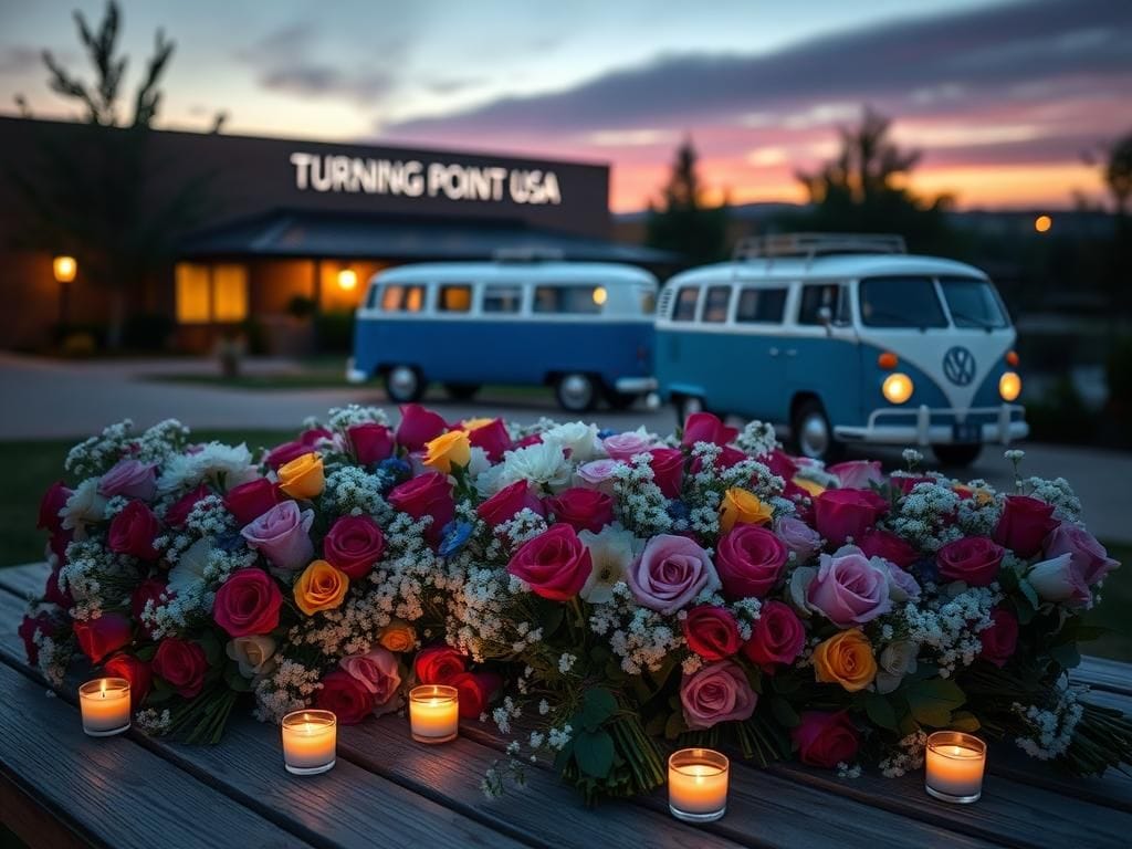 Flick International Vibrant bouquets and candles at Turning Point USA headquarters honoring Charlie Kirk