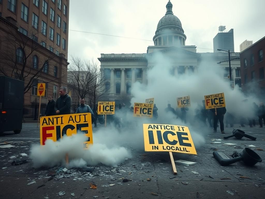 Flick International Chaos in a Chicago suburb during an anti-ICE protest with tear gas in the air