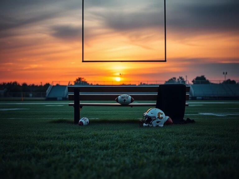 Flick International A somber college football field at dusk with goalposts silhouetted against a fading sun