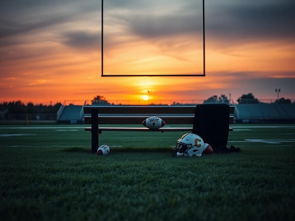 Flick International A somber college football field at dusk with goalposts silhouetted against a fading sun