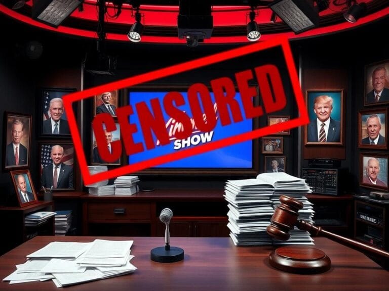 Flick International Cluttered late-night television studio set with empty desk and political joke scripts