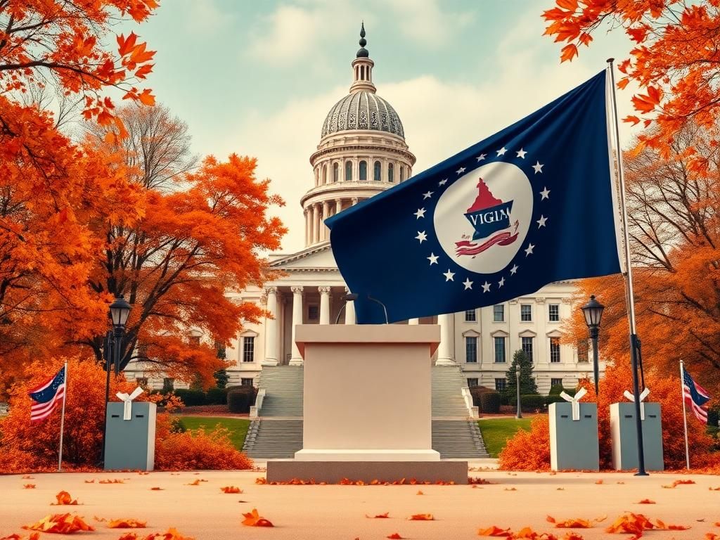 Flick International Virginia state capitol building with autumn leaves and an empty podium