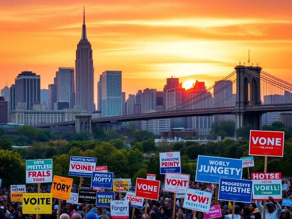 Flick International A vibrant sunset cityscape of New York City, featuring campaign signs for diverse political candidates.