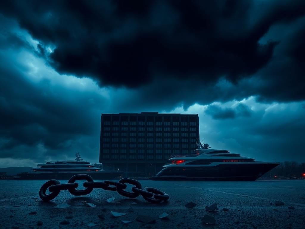 Flick International Dark stormy sky over an American corporate building symbolizing democracy's fragility