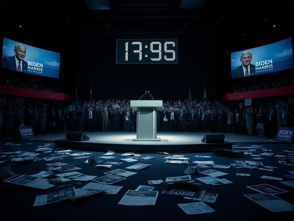 Flick International Dramatic political campaign scene with an empty podium and scattered campaign materials