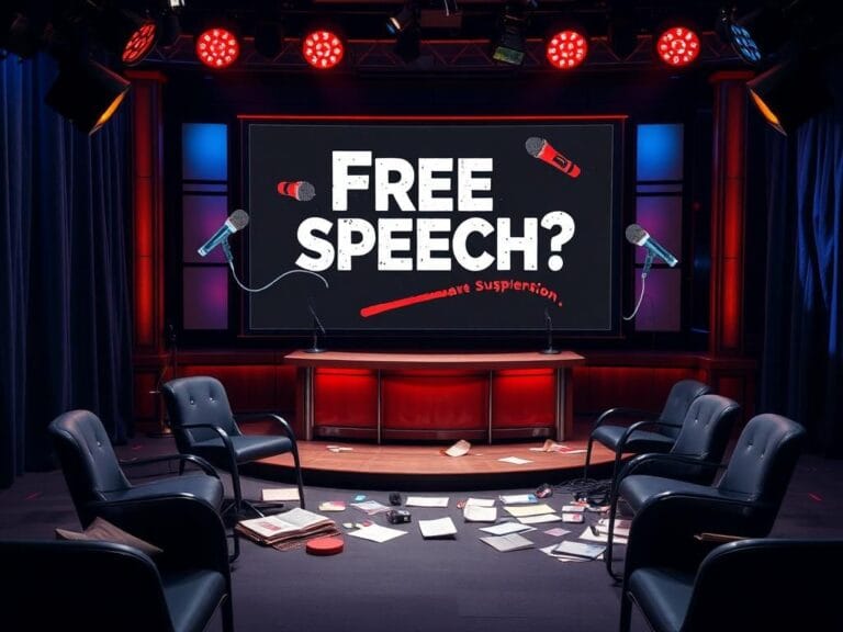 Flick International A chaotic late-night television studio set symbolizing suspension with muted lights and a screen displaying 'Free Speech?'