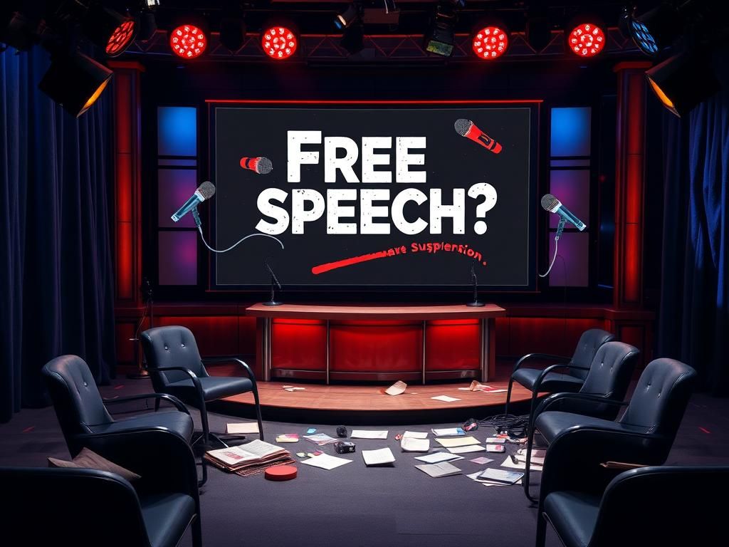 Flick International A chaotic late-night television studio set symbolizing suspension with muted lights and a screen displaying 'Free Speech?'