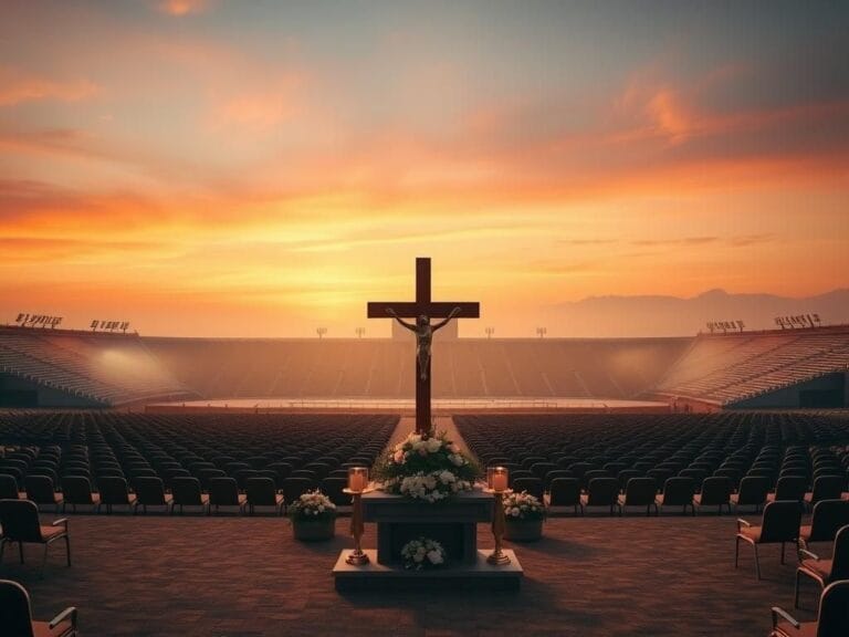Flick International A serene landscape at sunrise with a memorial space featuring a wooden cross and flowers