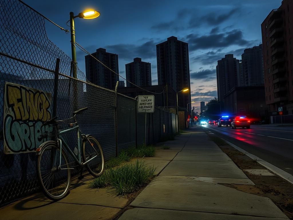 Flick International Somber urban landscape at twilight with abandoned bicycles and graffiti