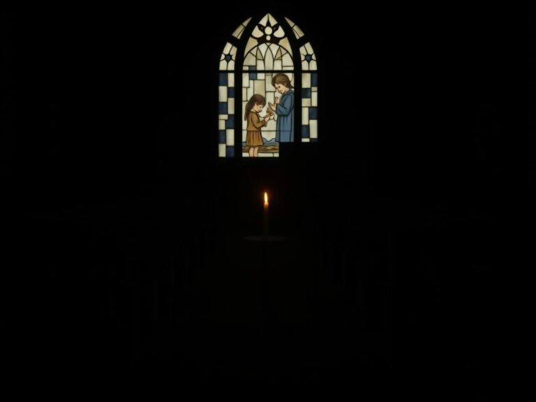 Flick International Empty chapel interior with flickering candle symbolizing hope amidst despair