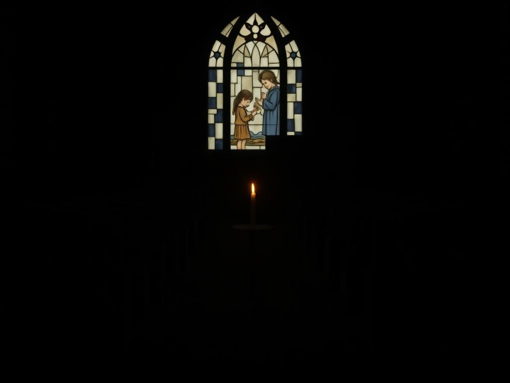 Flick International Empty chapel interior with flickering candle symbolizing hope amidst despair