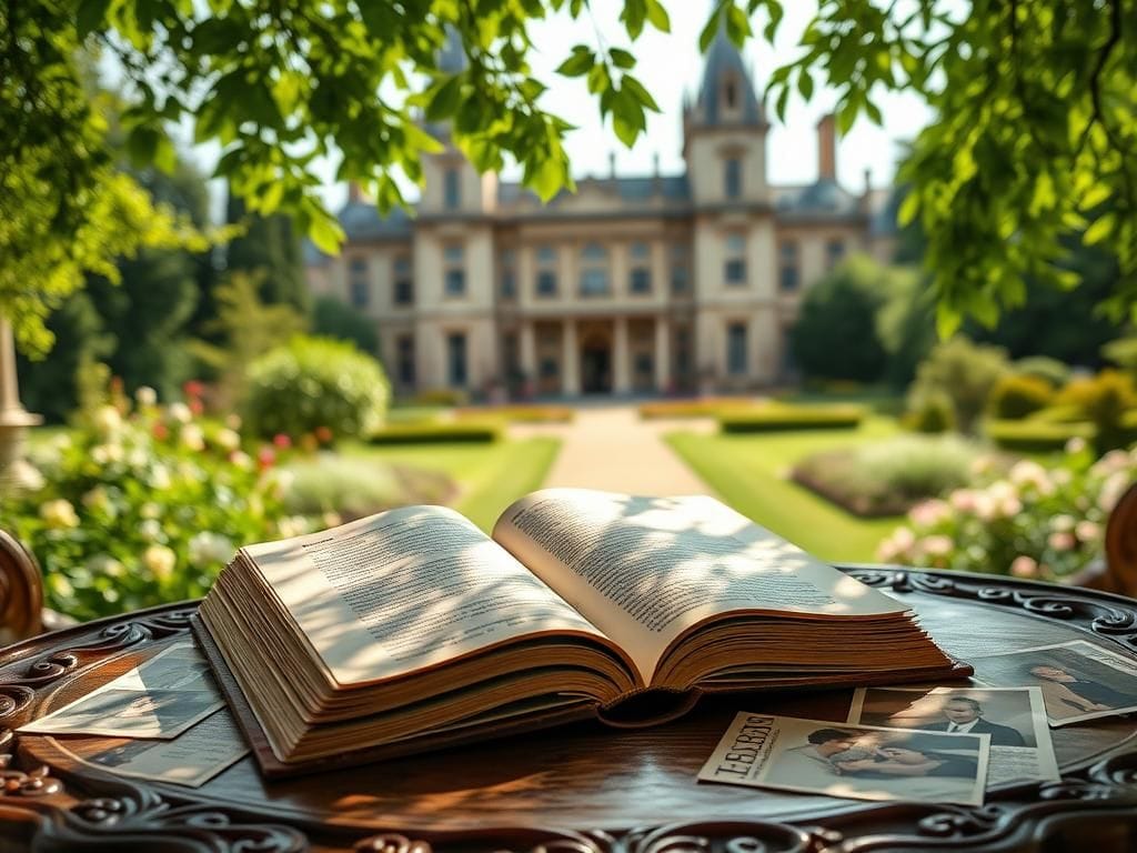 Flick International A grand traditional British castle surrounded by lush gardens and an open memoir on a wooden table