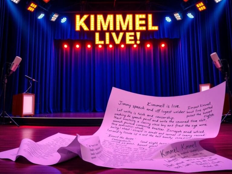 Flick International Empty late-night talk show stage set with unlit 'KIMMEL LIVE!' sign