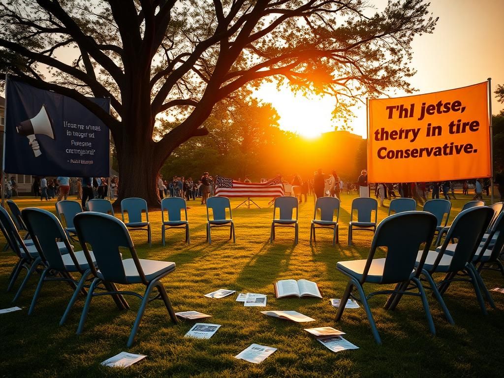 Flick International College campus rally with chairs and banners promoting conservative values