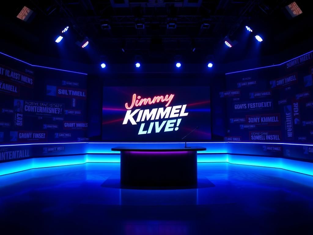 Flick International Dimly lit television studio set with empty stage and microphone